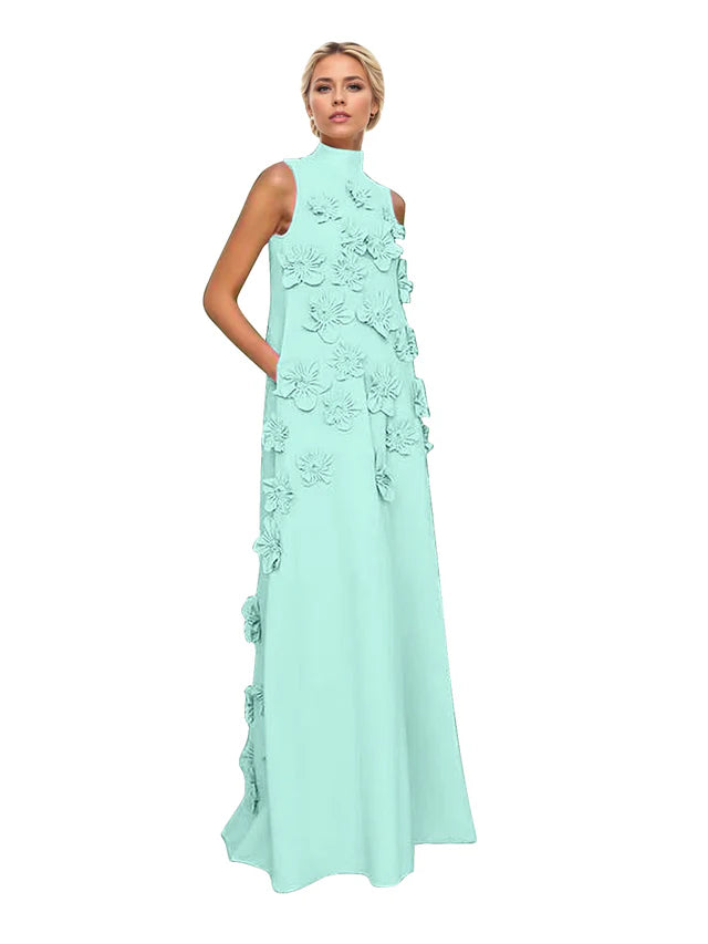 A Line High Neck Sleeveless Floor Length Stretch Crepe Dress With 3D Flowers
