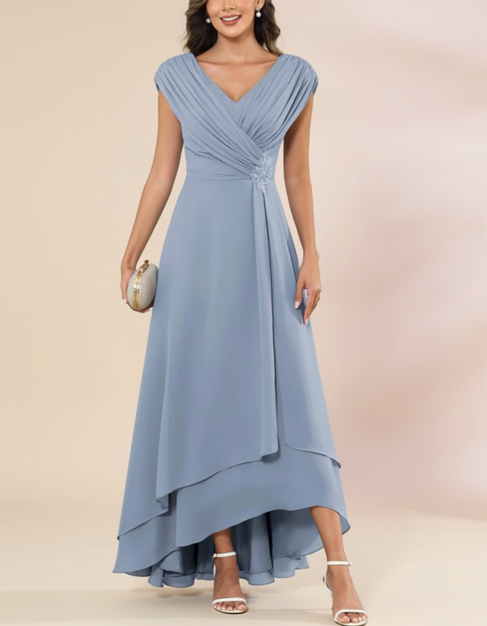 V-neck Cross-pleated Chiffon Maxi Dress