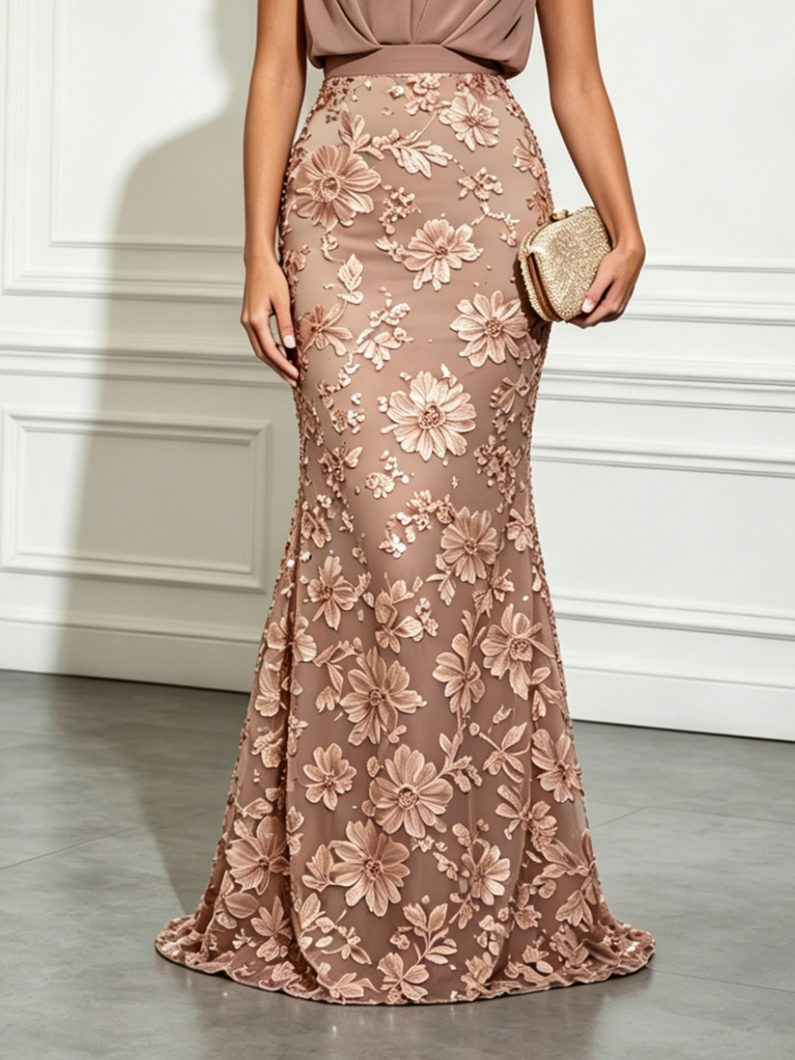 Light Brown Jacquard Ruched Classic Mock Neck Sleeveless Mermaid Maxi Dress