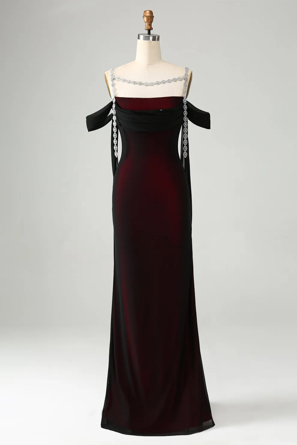 Black Red Mermaid Off the Shoulder Beaded Bridesmaid Dress with Slit