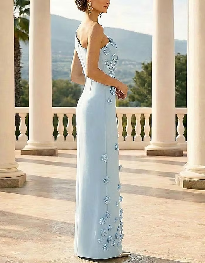 Light Blue One Shoulder 3d Floral Design Maxi Dress