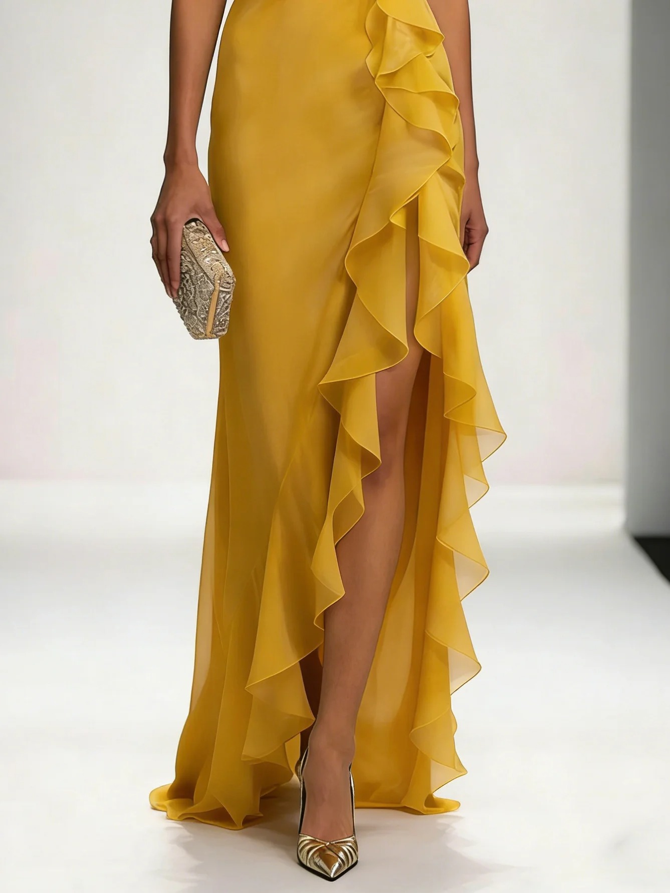 Yellow Peplum Chiffon One Shoulder Sleeveless Sheath Maxi Dress
