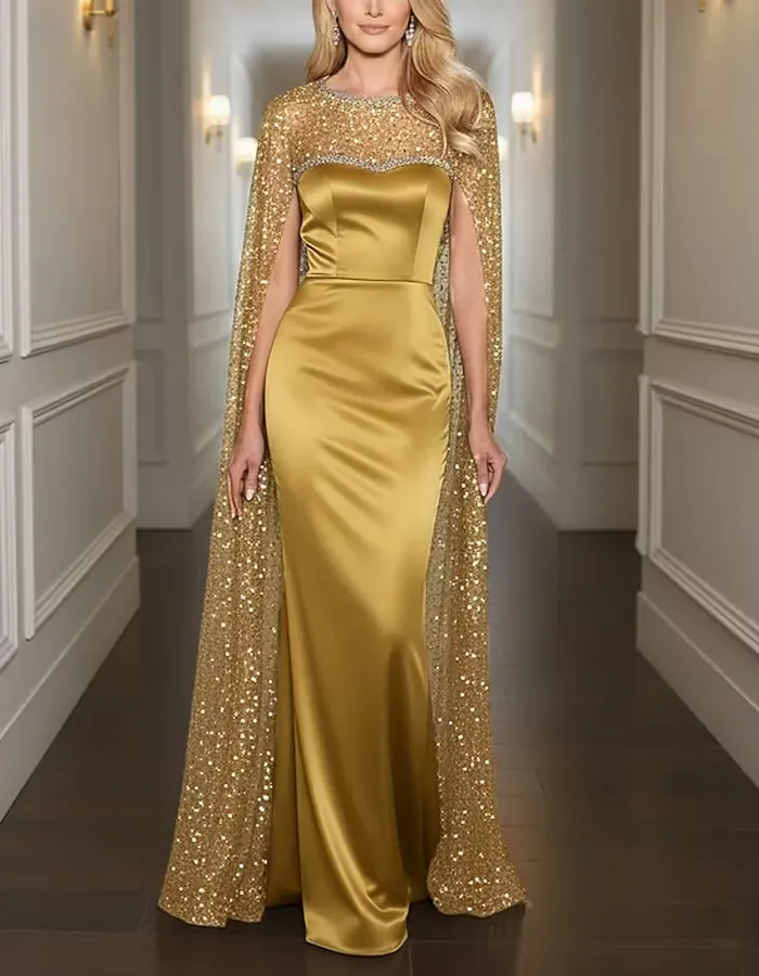 Solid Color Satin With Sequins Maxi Dress