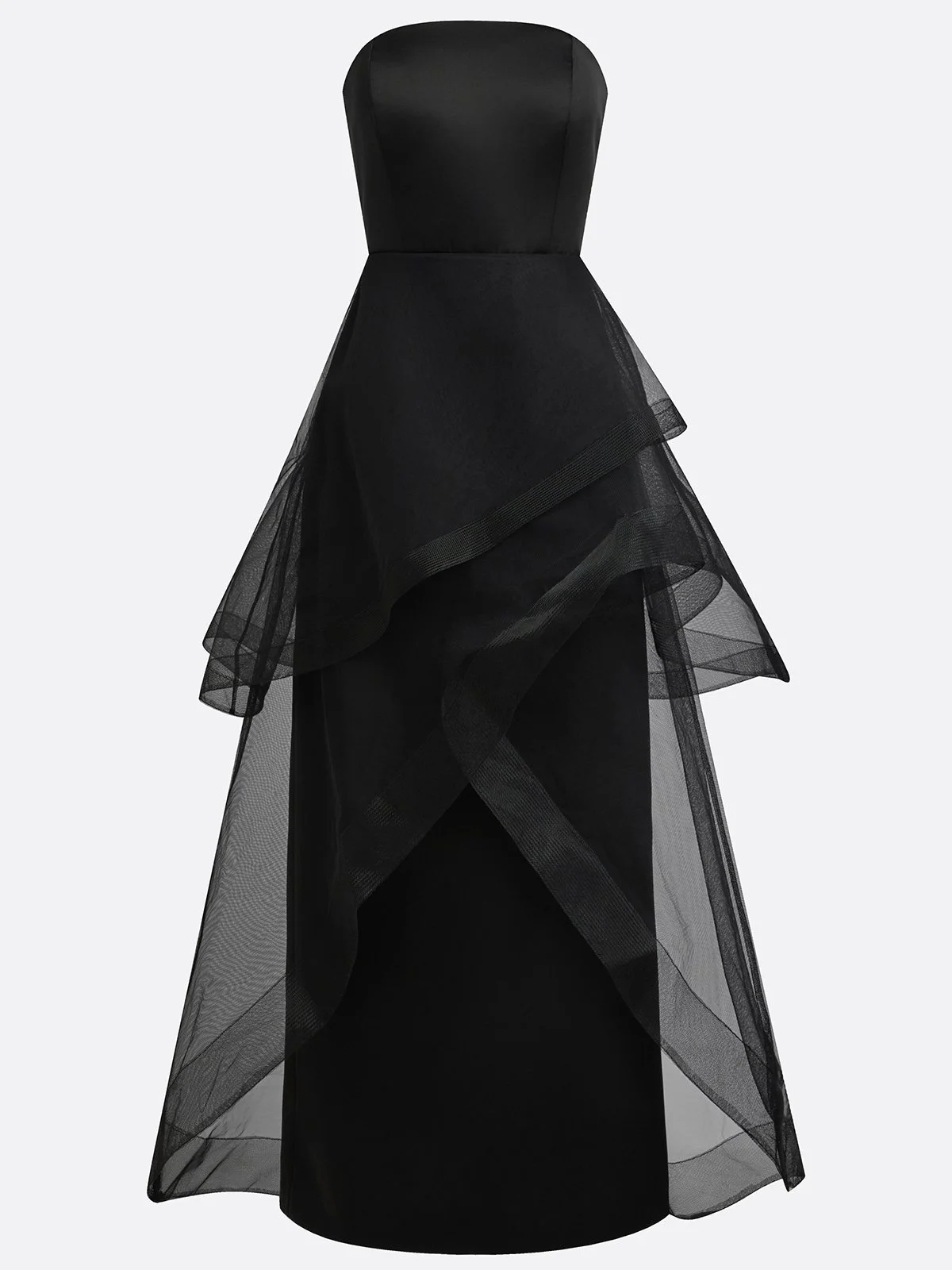 Black Mesh Ruffled Satin Strapless Sleeveless A-Line Floor-length Gown Dress
