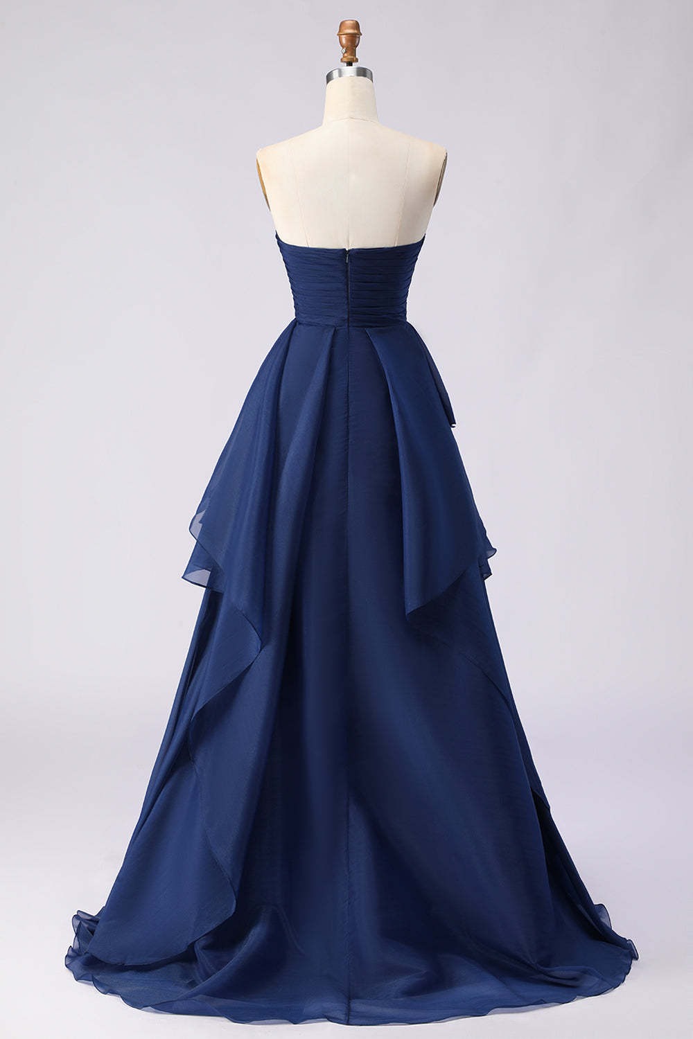 Navy A Line Sweetheart Ruffled Backless Long Prom Dress