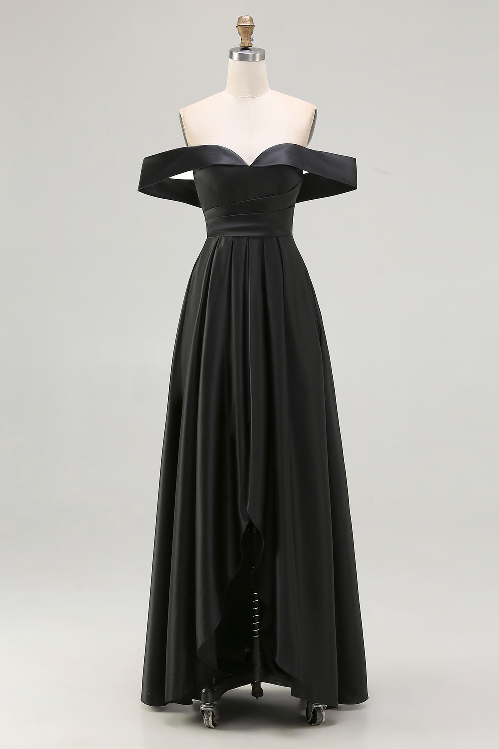 Black A Line Off the Shoulder Satin Maxi Formal Dress with Slit
