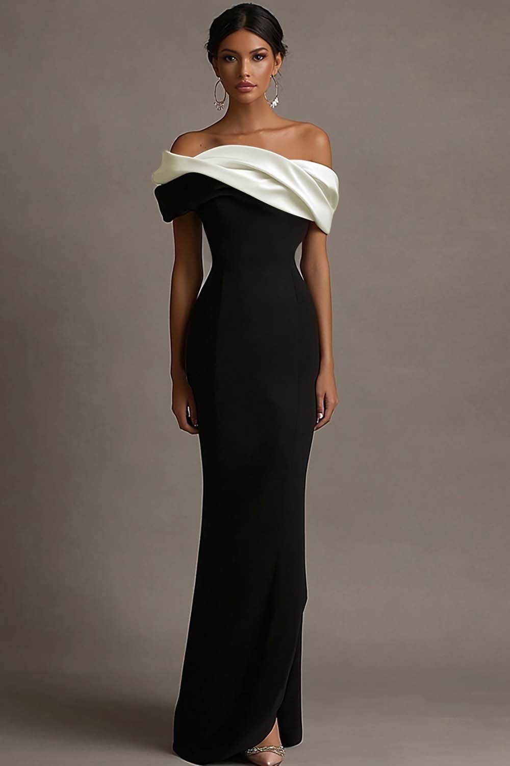 Black and Pink Off the Shoulder Sheath Satin Maxi Evening Dress