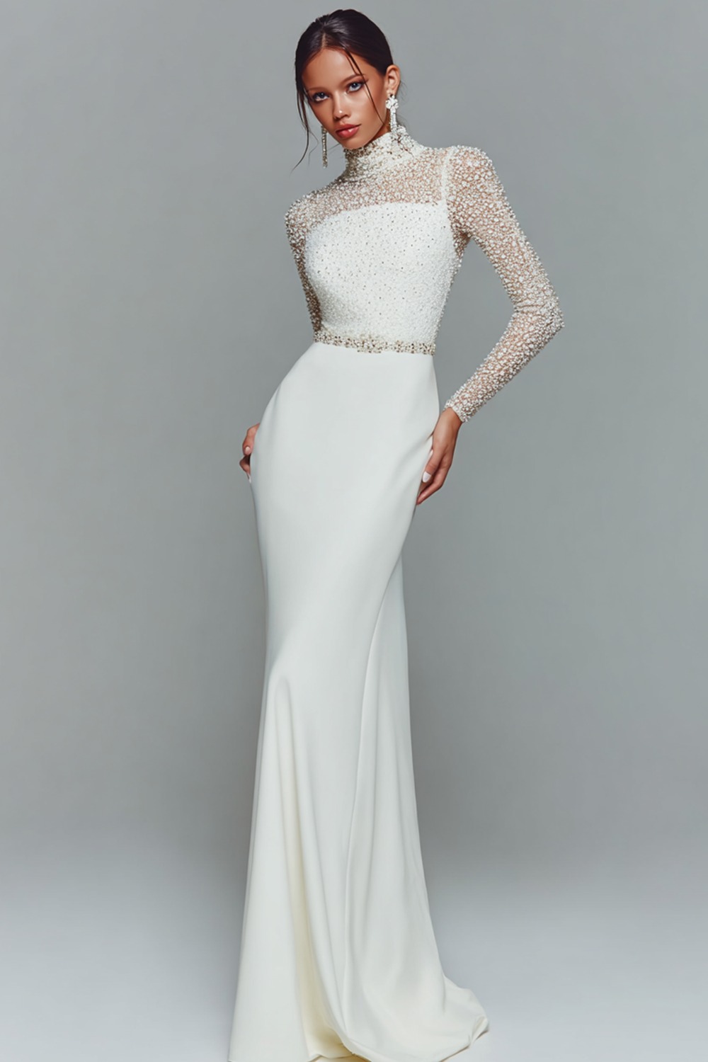 Formal Dress White Sheath Illusion Neck Beaded Chiffon Maxi Dress