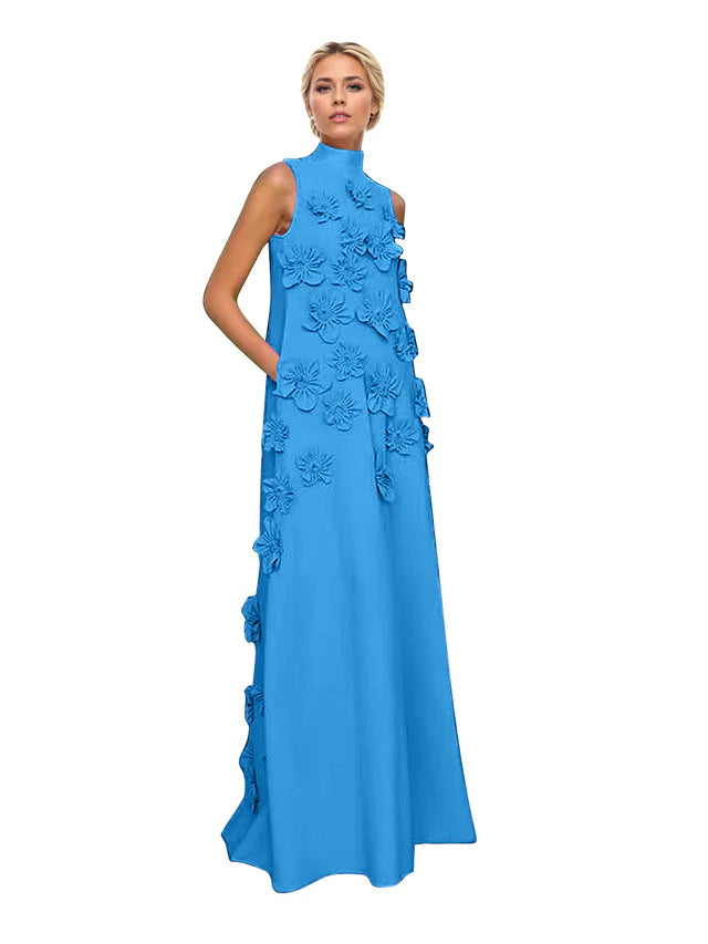 A Line High Neck Sleeveless Floor Length Stretch Crepe Dress With 3D Flowers