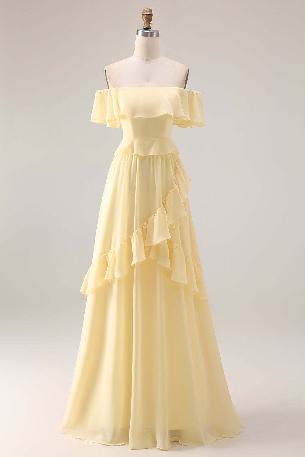Yellow A Line Ruffled Off the Shoulder Maxi Bridesmaid Dress