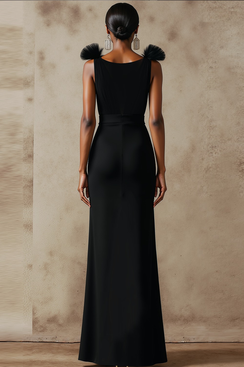 Evening Formal Dress Black Sheath V-Neck Maxi Dress with Slit