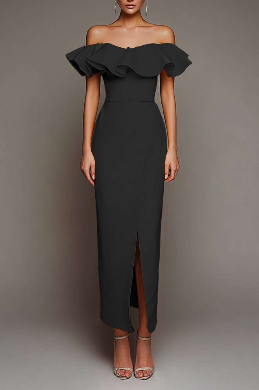 Black Off the Shoulder Sheath Long Formal Dress with Slit