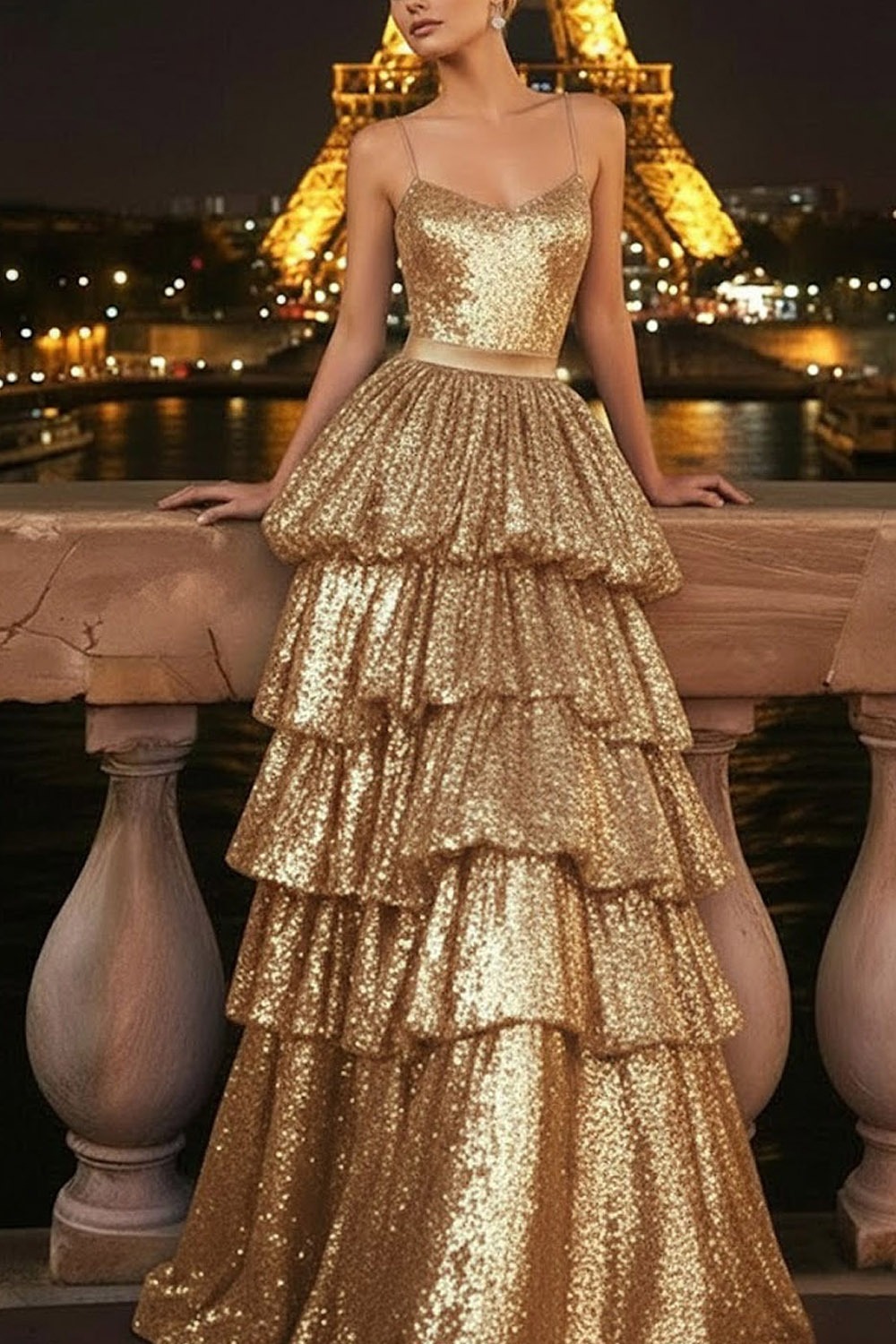 Purple Prom Dress Spaghetti Straps Sequin Tiered Layer Dress Maxi Gown