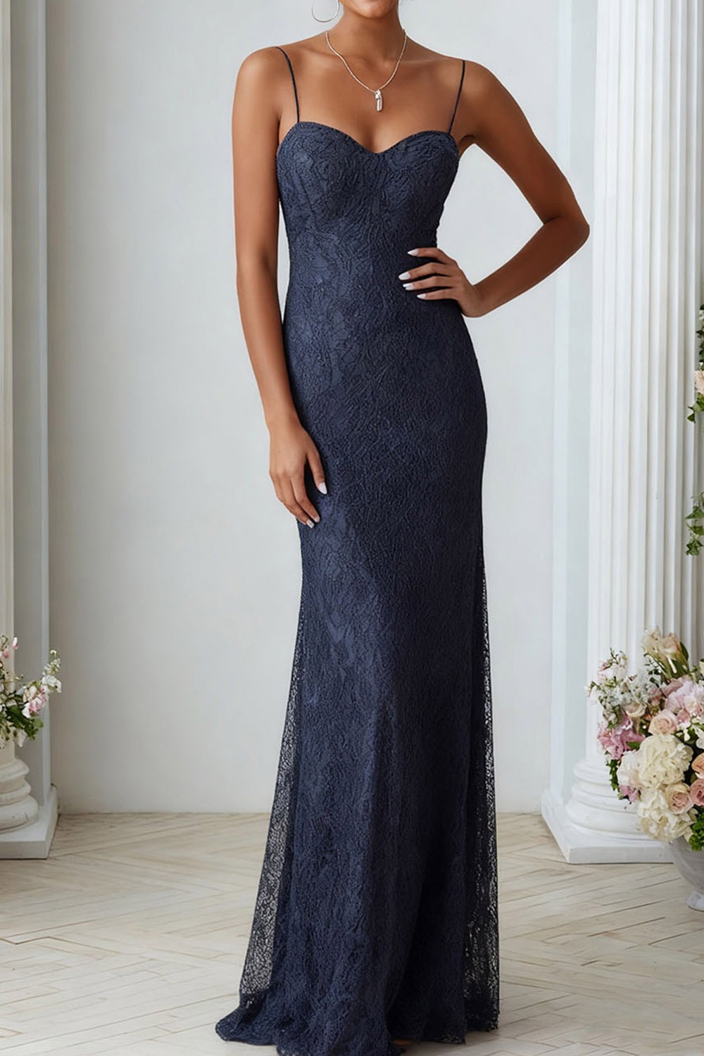 Evening Formal Dress Navy Sheath Spaghetti Straps Lace Maxi Dress