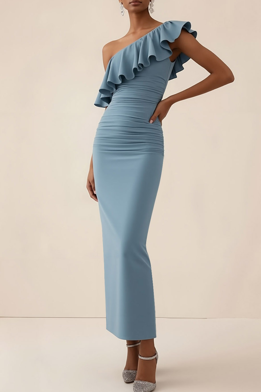 Dusty Blue Evening Formal Dress Sheath One Shoulder Ruffle Maxi Dress