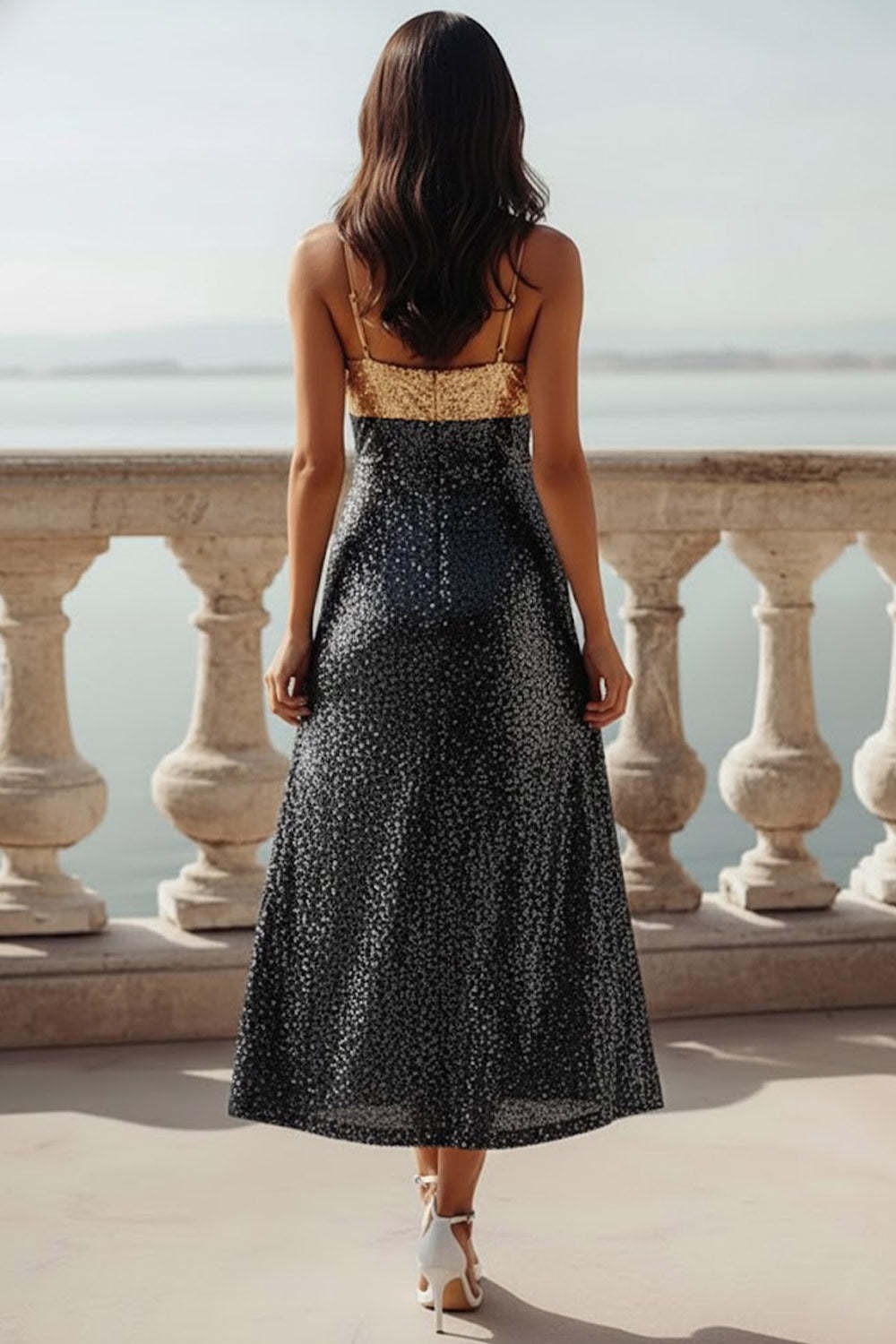 Sparkly Golden and Black Sequined A Line Maxi Evening Dress