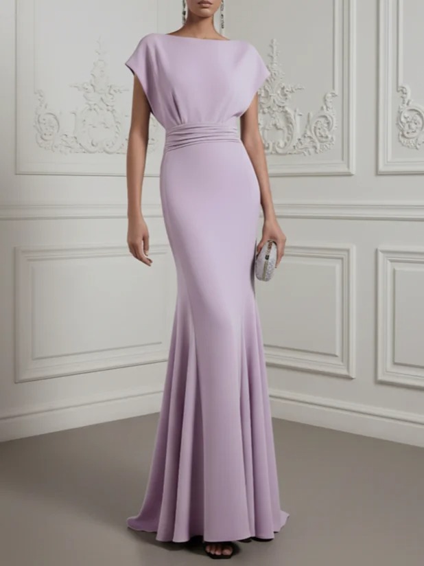 Lavender Ruched Classic Boat Neck Short Sleeve Raglan Sleeves Mermaid Gown Dress