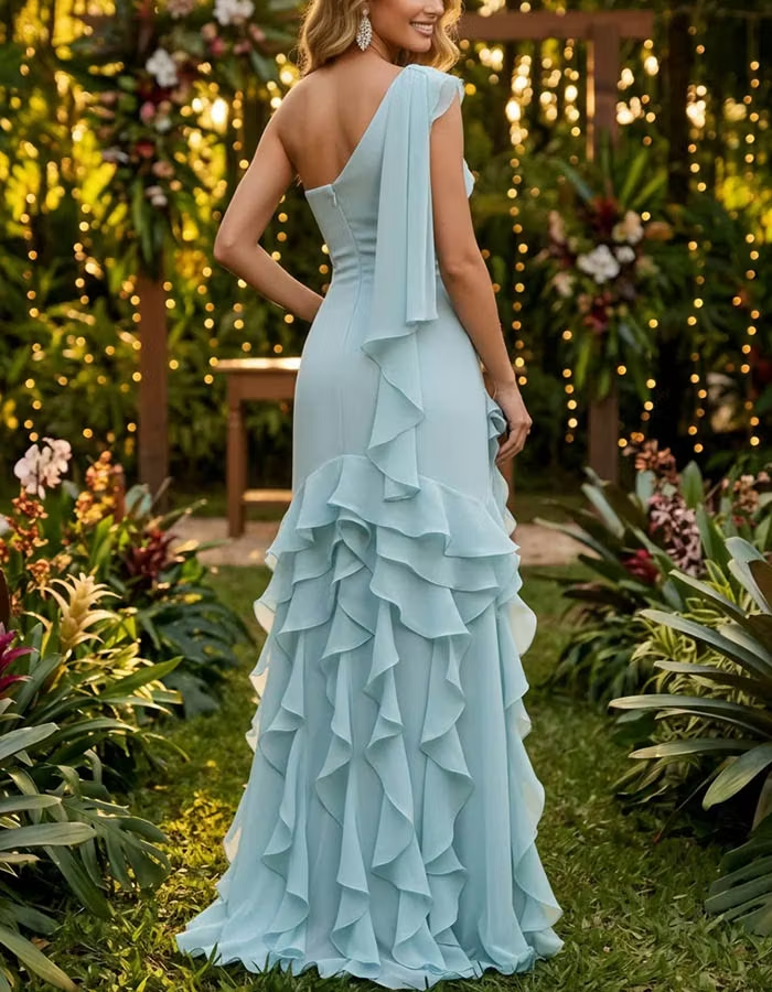 Light Blue Chiffon One-Shoulder Ruffle Maxi Dress