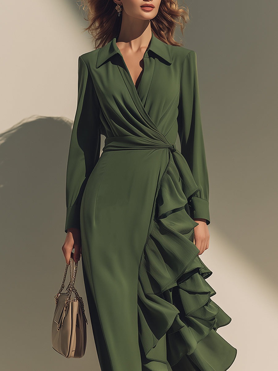 Olive Green Long-Sleeve Wrap Dress With Cascading Ruffle Detail