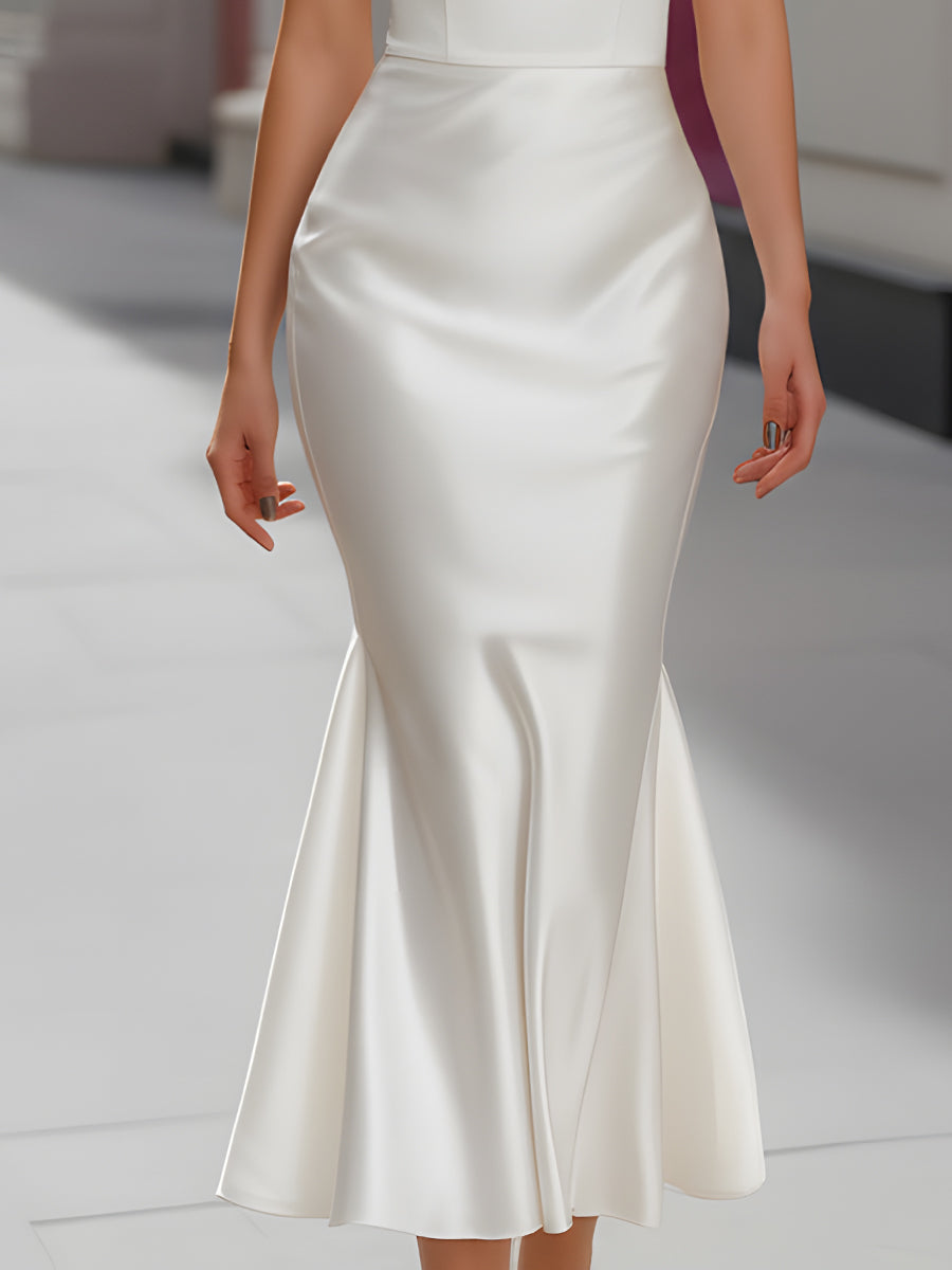 White Satin Flutter-Sleeve Mermaid Dress