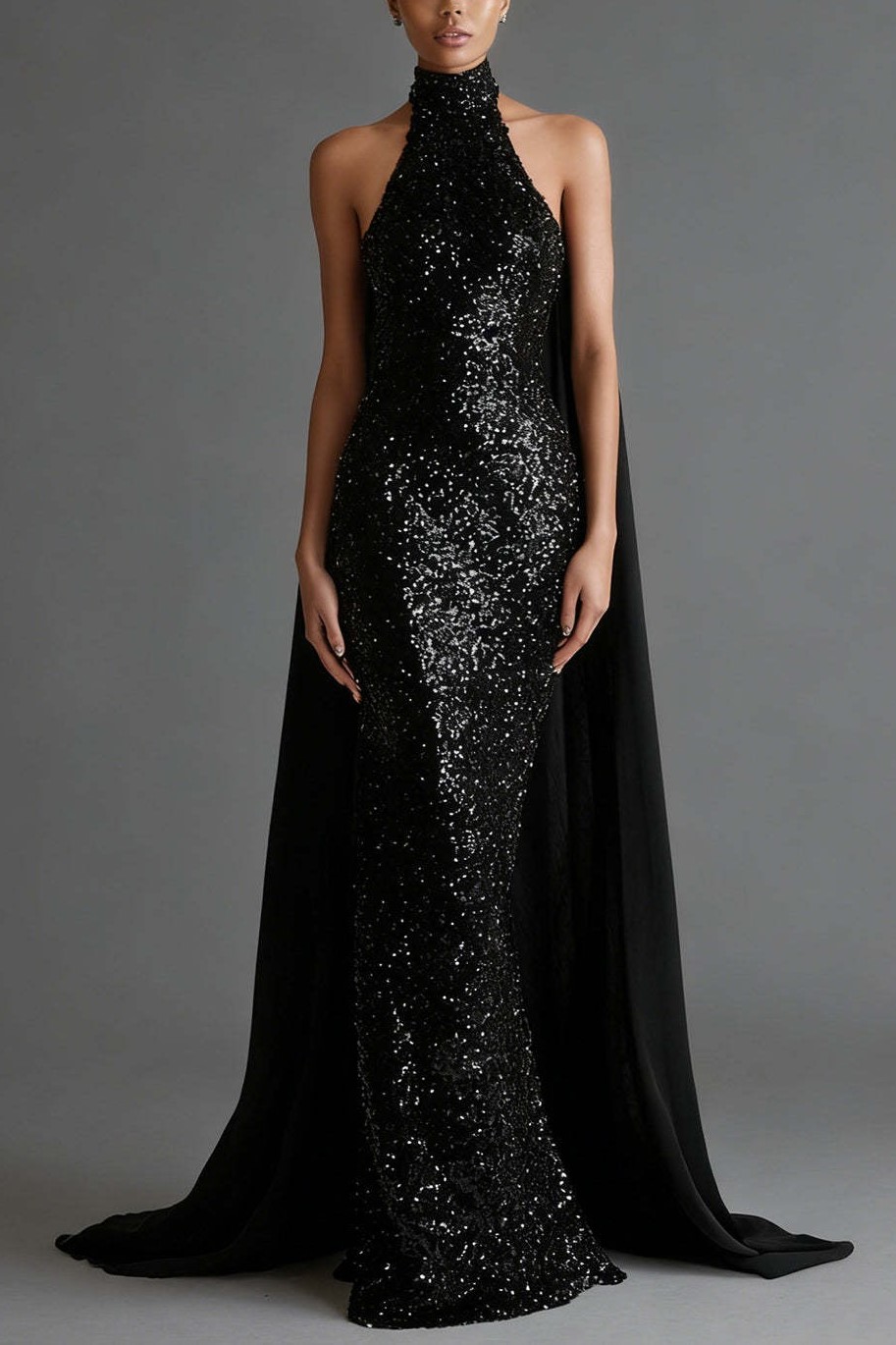 Sparkly Black High Neck Sheath Backless Maxi Formal Dress with Cape