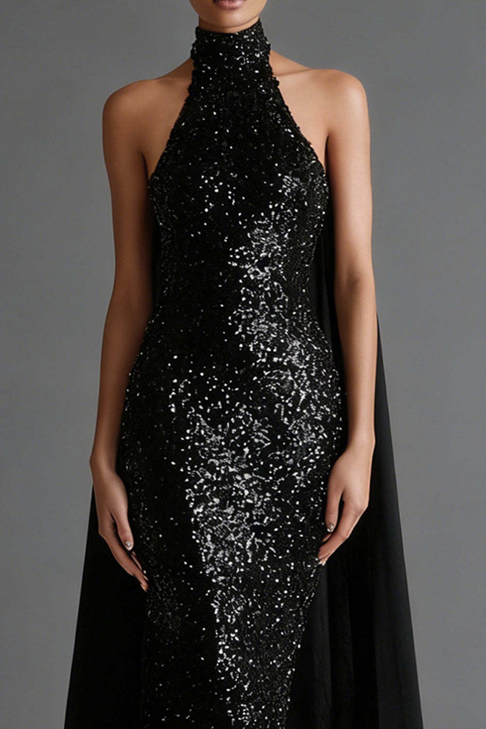 Sparkly Black High Neck Sheath Backless Maxi Formal Dress with Cape