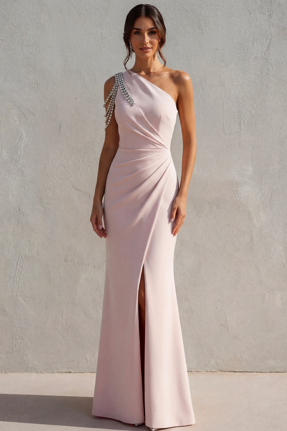 Rose Pink Formal Evening Dress One Shoulder Maxi Dress with Slit