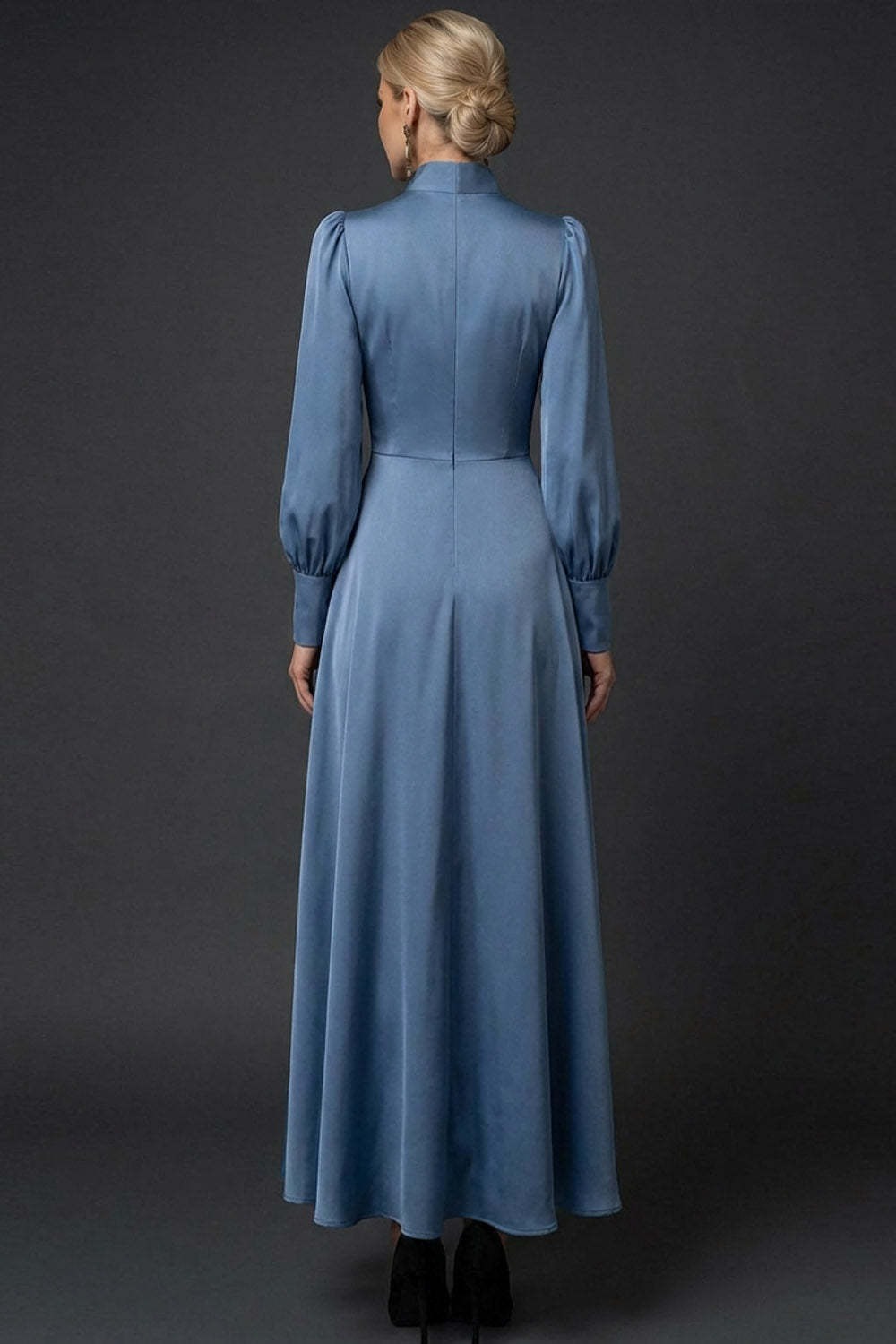 Dusty Blue High Neck Keyhole A Line Long Mother of the Bride Dress with Sleeves