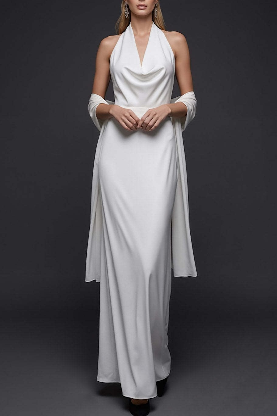 White Mermaid Satin Halter Long White Reception Dress