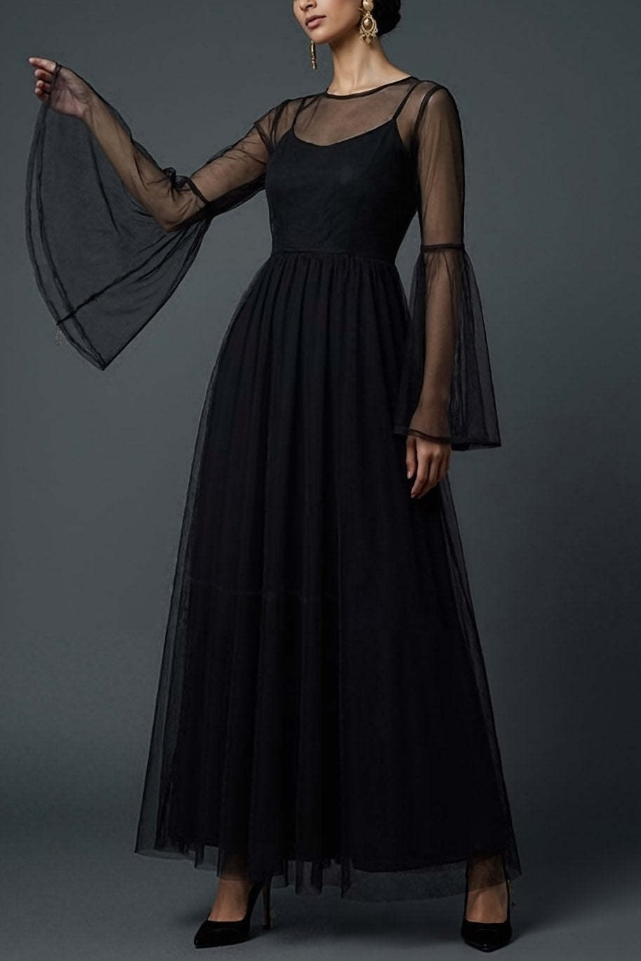 Black A Line Spaghetti Straps Tulle Long Formal Dress with Flutter Sleeves