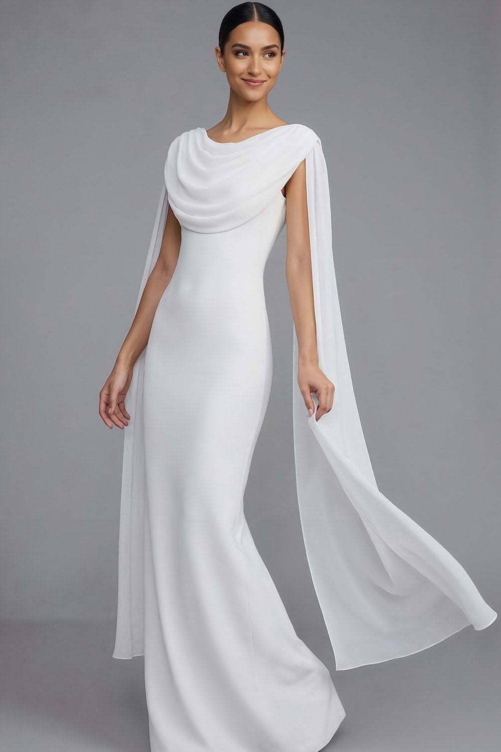 White Round Neck Mermaid Long Formal Dress with Cape