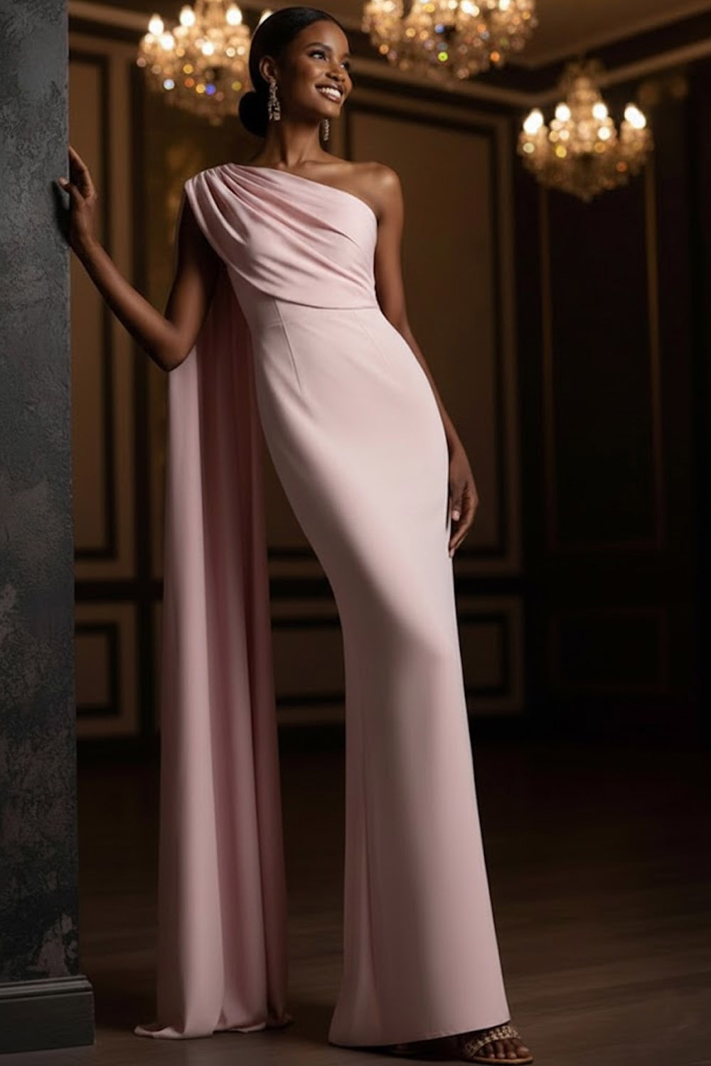 Pink Evening Formal Dress One Shoulder Maxi Dress with Cape
