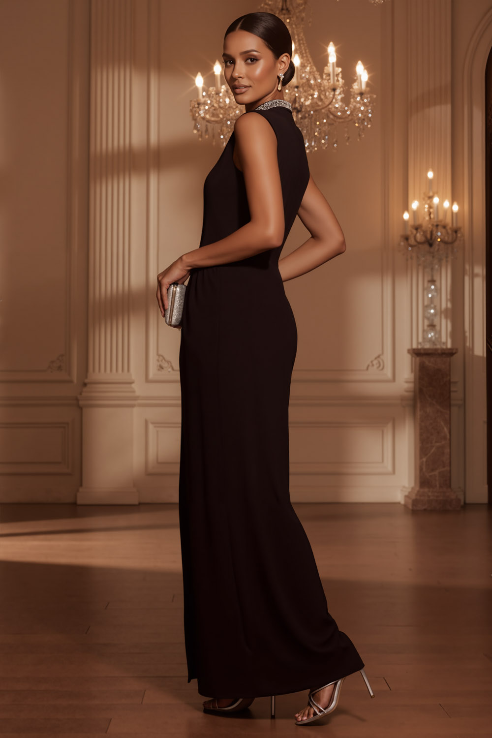 Black Formal Evening Dress Sheath High Neck Maxi Dress with Slit