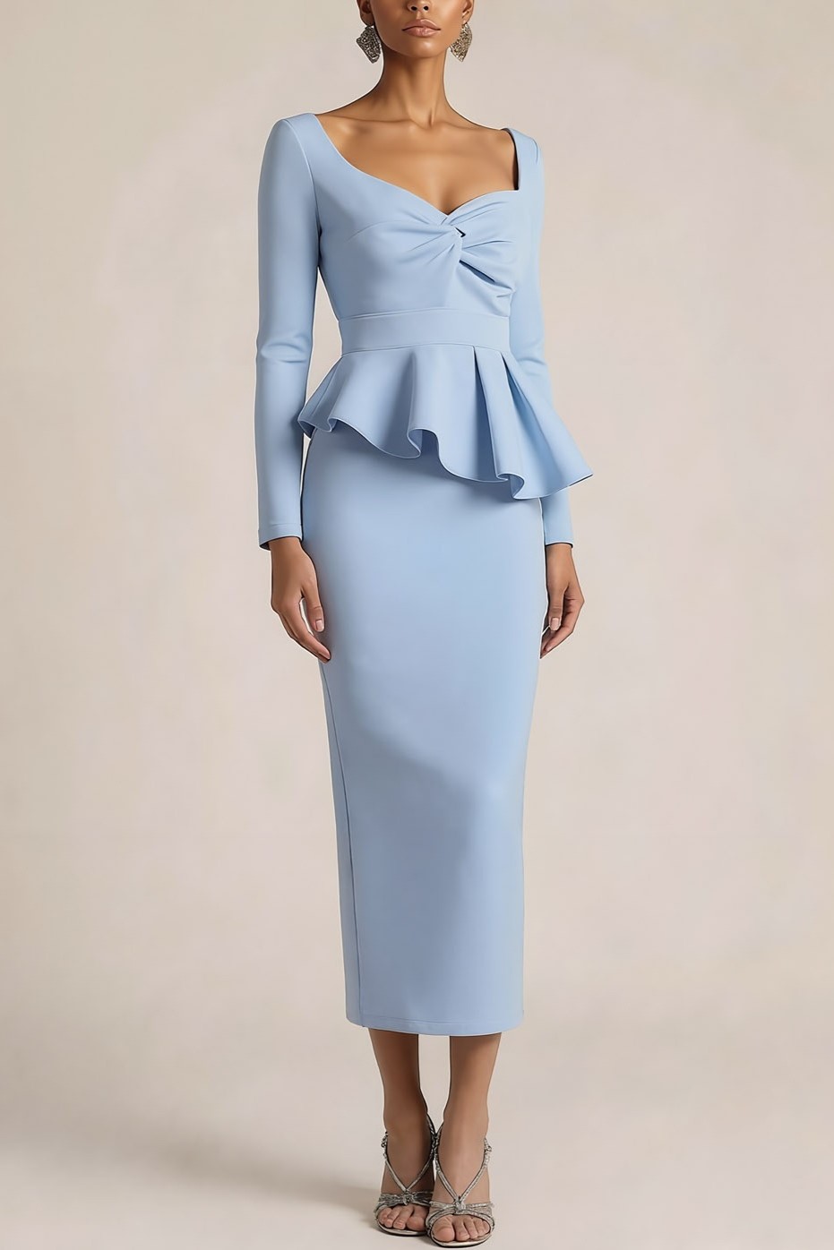 Blue Wedding Guest Dress Sheath Square Neck Long Sleeve Midi Dress