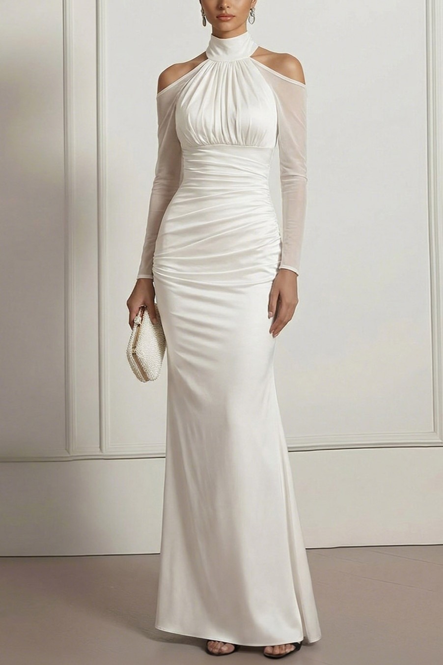 White Formal Evening Dress Mermaid Cold Shoulder Ruched Chiffon Maxi Dress