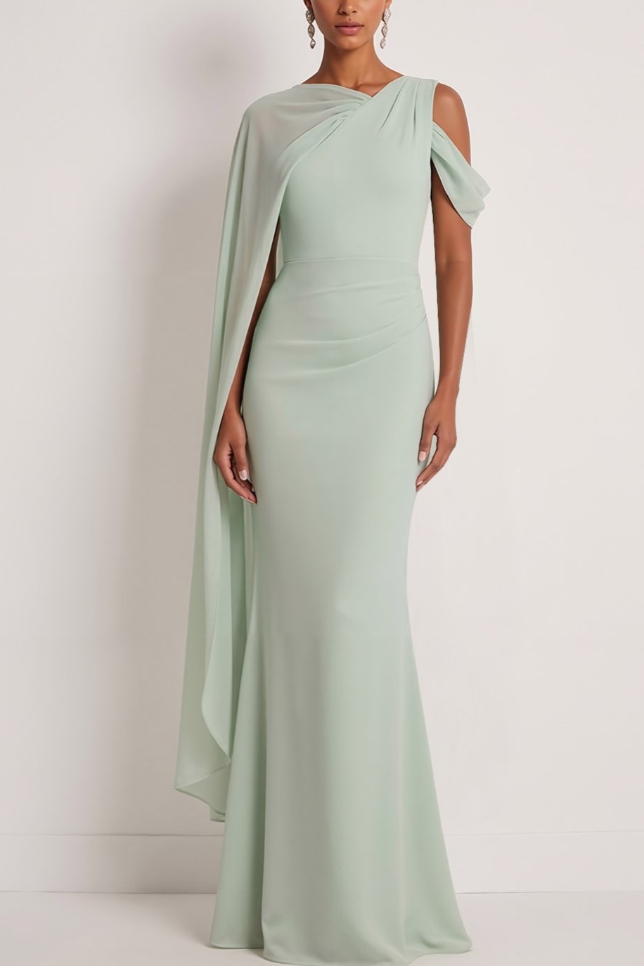 Dusty Sage Formal Dress Mermaid One Shoulder Chiffon Maxi Dress with Cape
