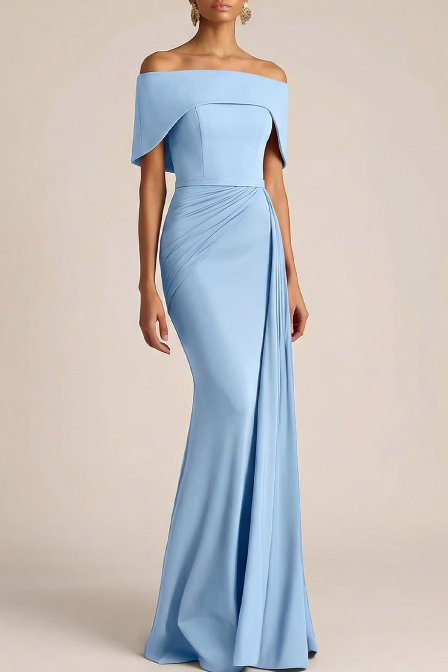 Blue Formal ​Wedding Bridesmaid Dress Off the Shoulder Cape Maxi Dress