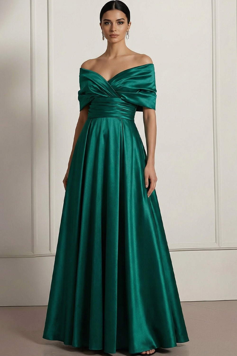 Emerald Green Formal Evening Dress A-Line Off the Shoulder Satin Maxi Dress