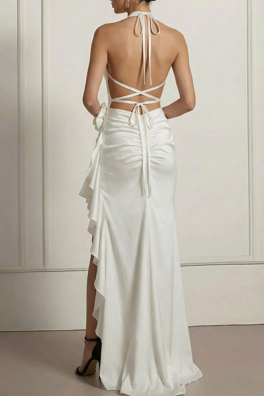 White Evening Formal Dress Halter Satin Maxi Dress with Ruffle