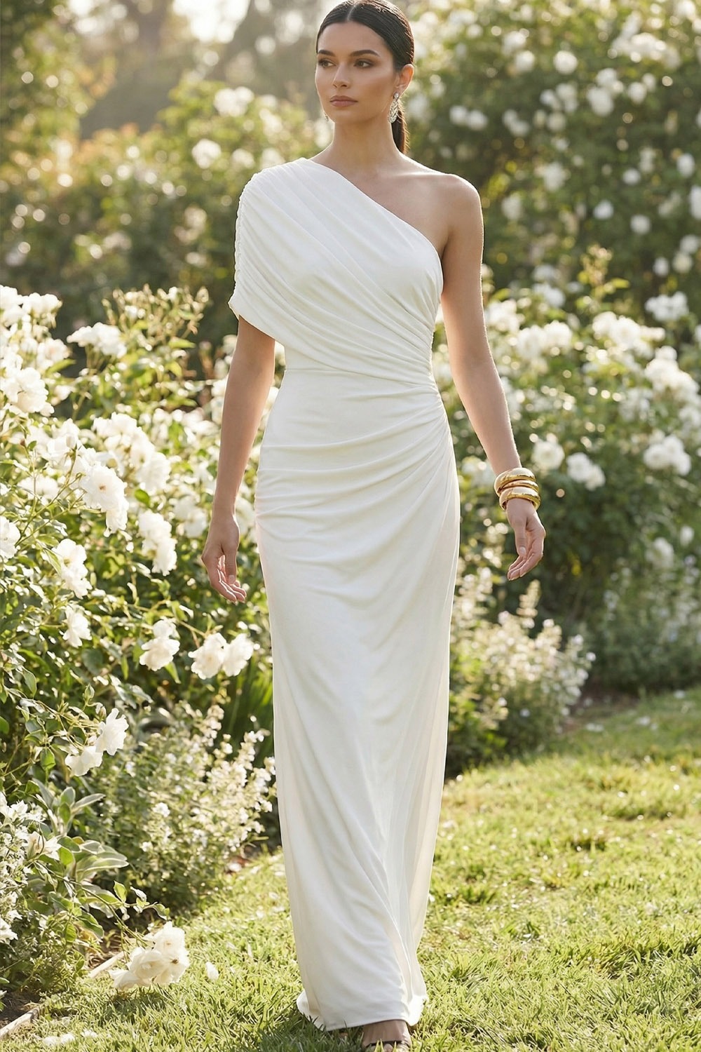 White Evening Formal Dress One Shoulder Ruched Chiffon Maxi Dress