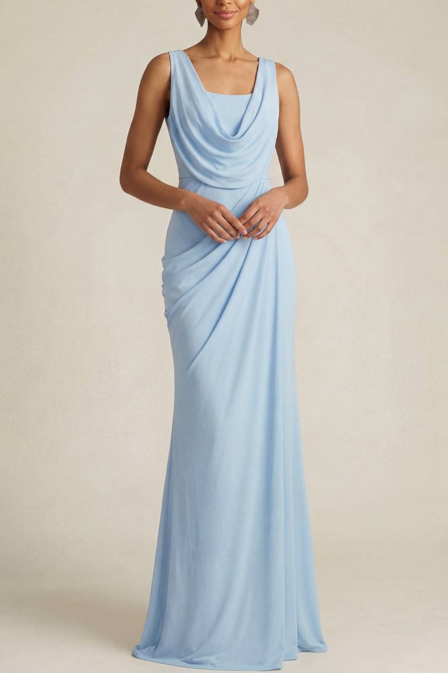 Sky Blue Formal ​Wedding Bridesmaid Dress Cowl Neck Chiffon Maxi Dress