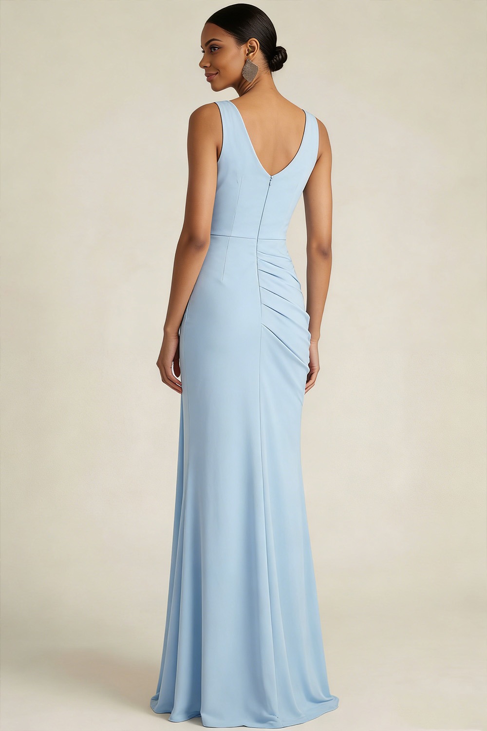 Sky Blue Formal ​Wedding Bridesmaid Dress Cowl Neck Chiffon Maxi Dress