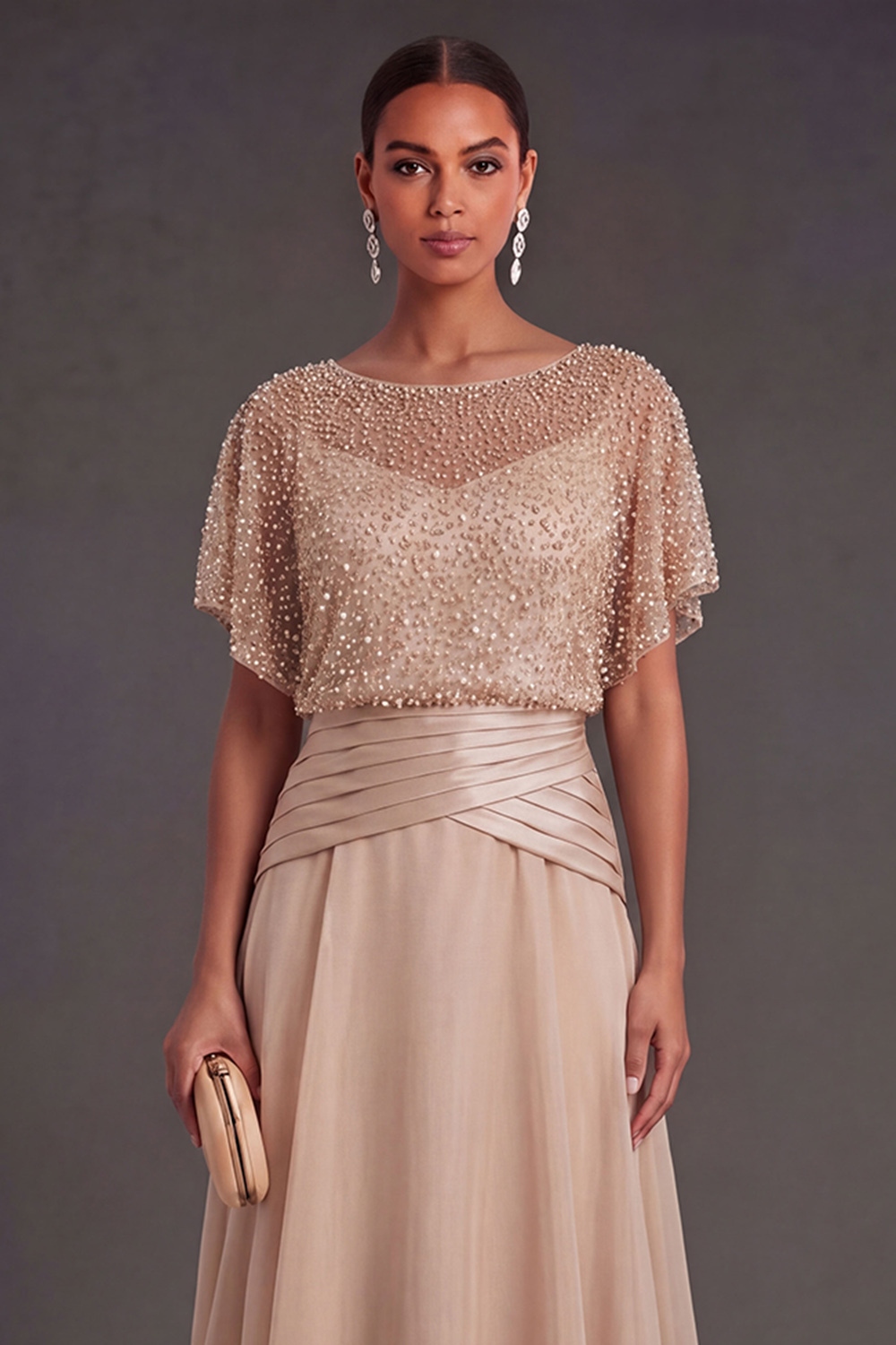 Champagne Sparkly Beaded A Line Ruffled Round Neck Long Formal Dress