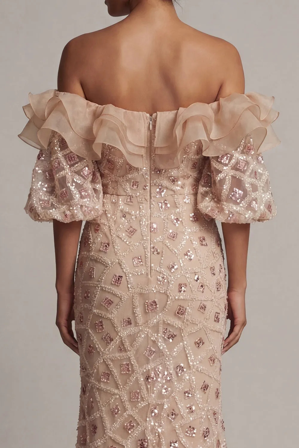 Sparkly Champagne Sequins Mermaid with Ruffles Maxi Dress