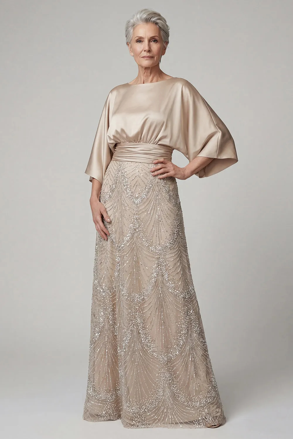 Sparkly A Line Champagne Boat Neck Beaded Maxi Dress