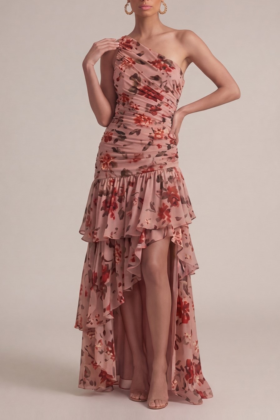 Dusty Rose Flower Wedding Guest Dress One Shoulder High-Low Dress