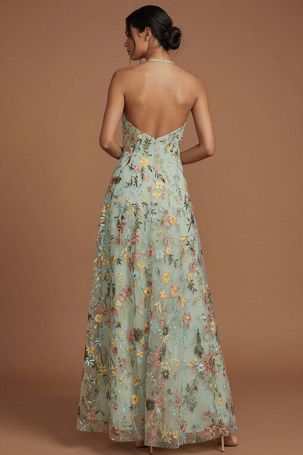 Green Floral A Line Embroidered Halter Neck Long Formal Dress