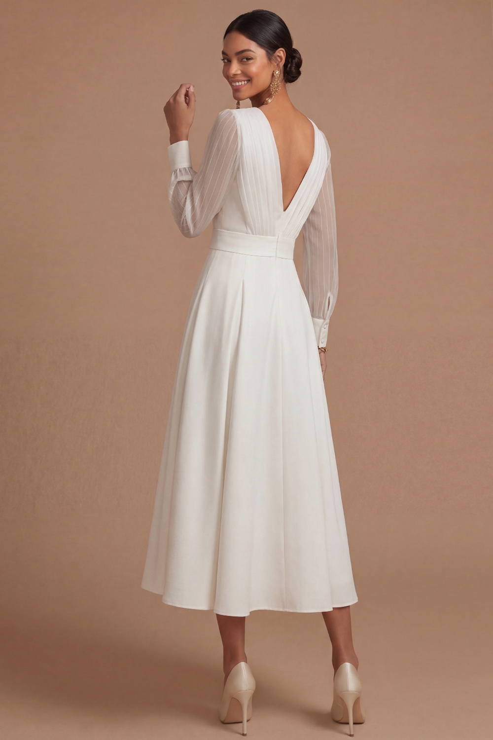 White Formal Dress A-Line V-Neck Long Sleeve Midi Dress