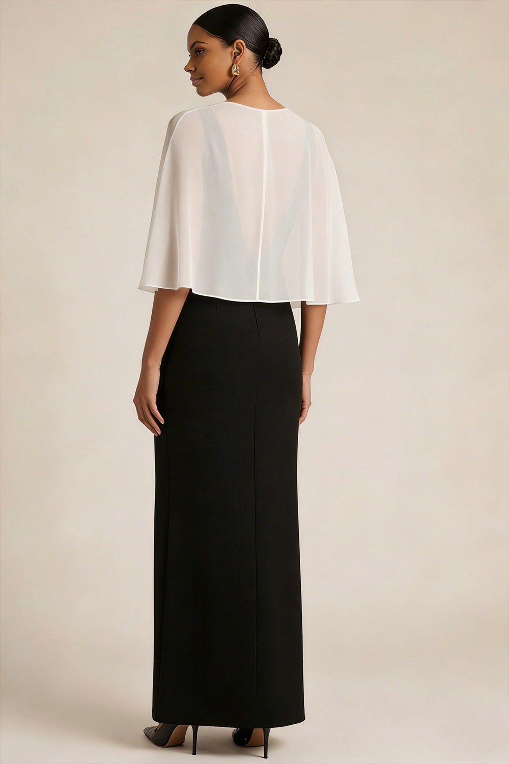 Black Formal Dress Sheath V-Neck Maxi Dress with Cape
