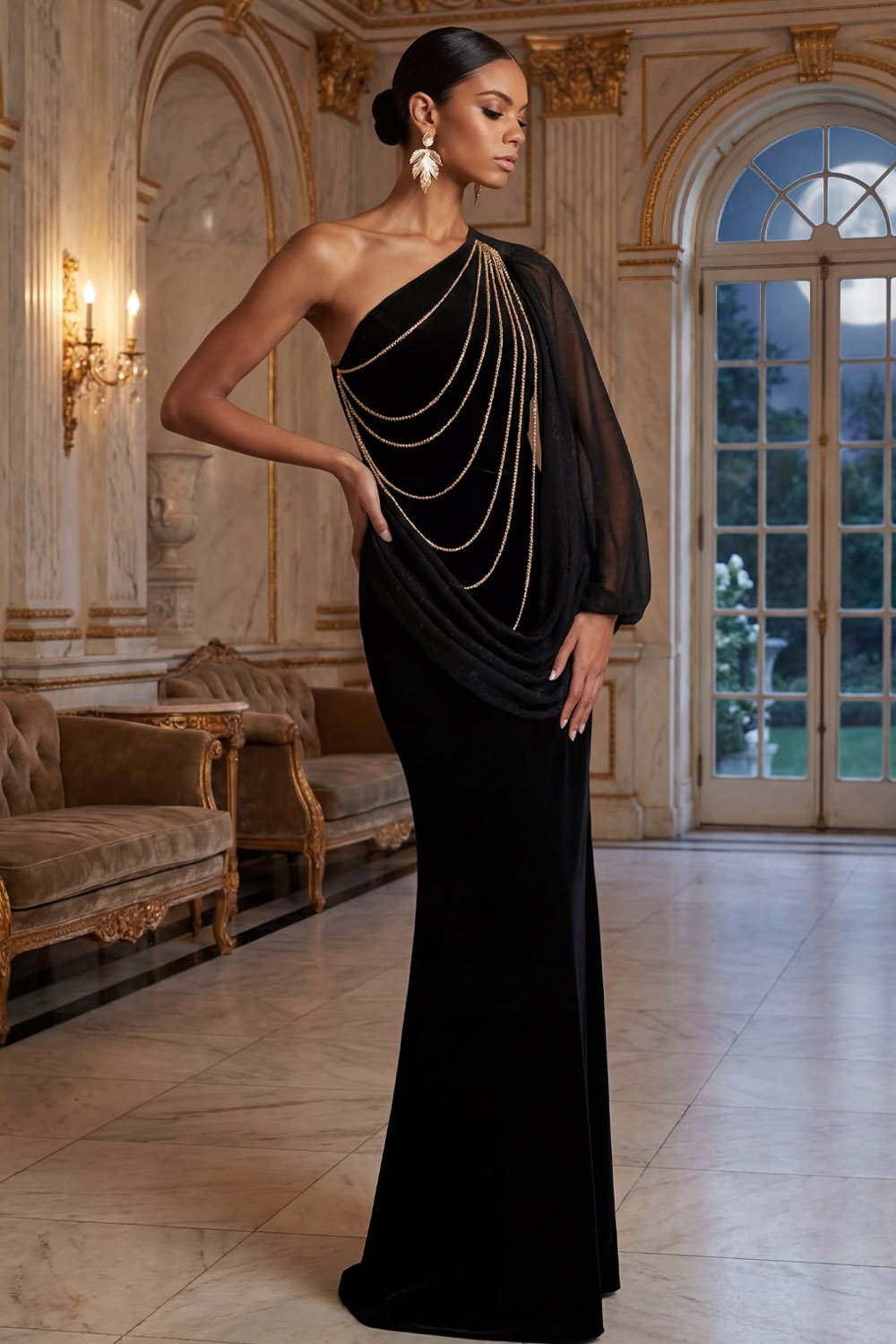 Black Formal Evening Dress Sheath One Shoulder Maxi Dress